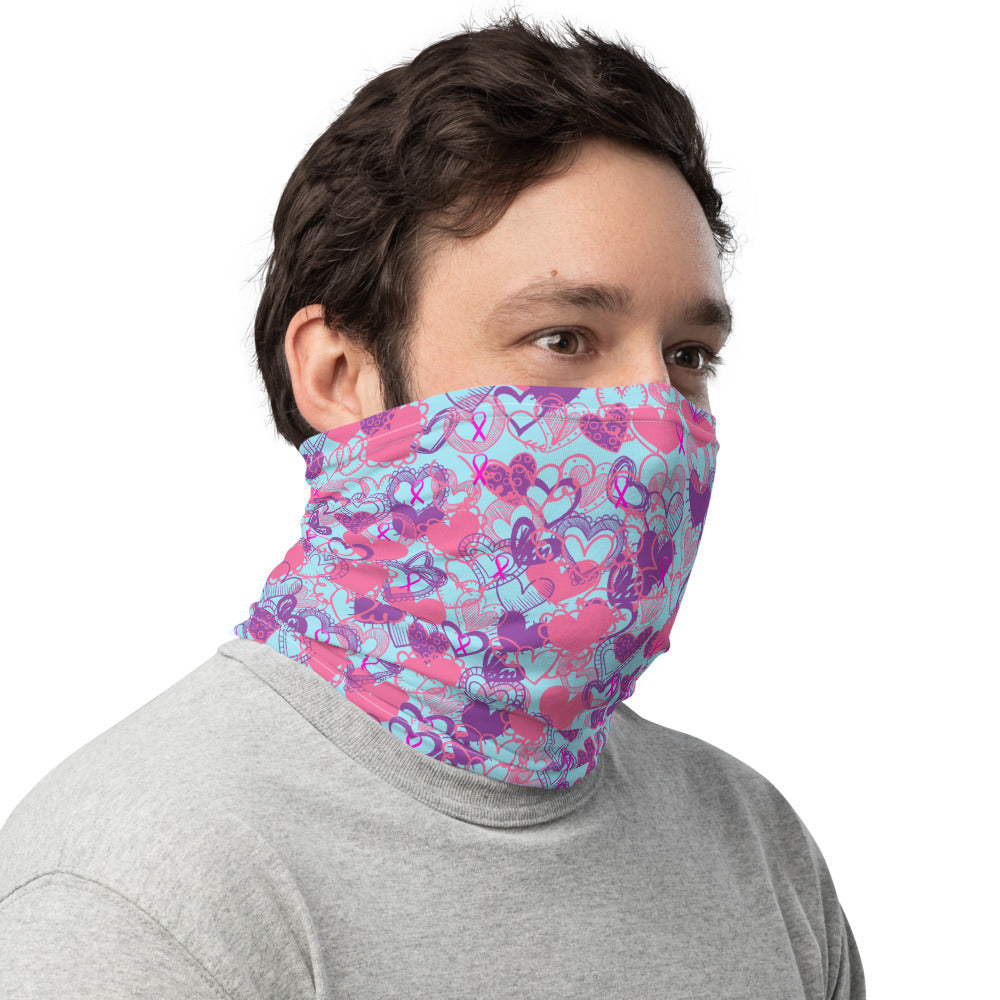 Hearts Breast Cancer Ribbon Light Blue - Neck Gaiter