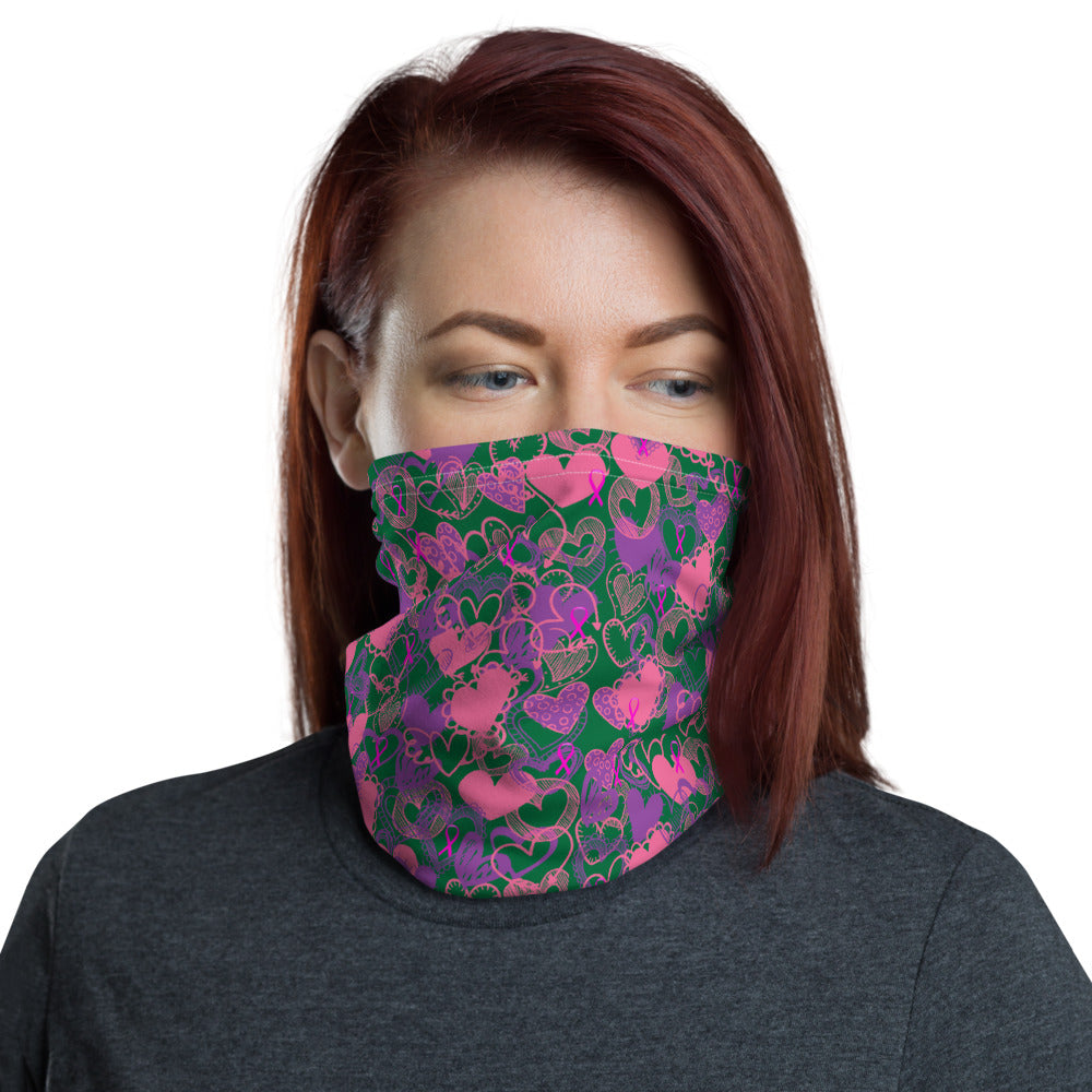Hearts Breast Cancer Ribbon Dark Green - Neck Gaiter