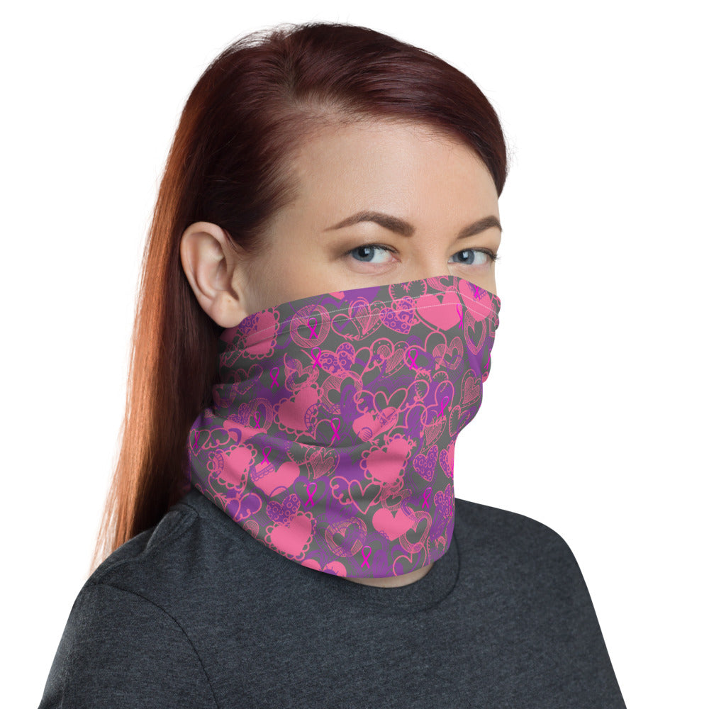 Hearts Breast Cancer Ribbon Dark Grey - Neck Gaiter
