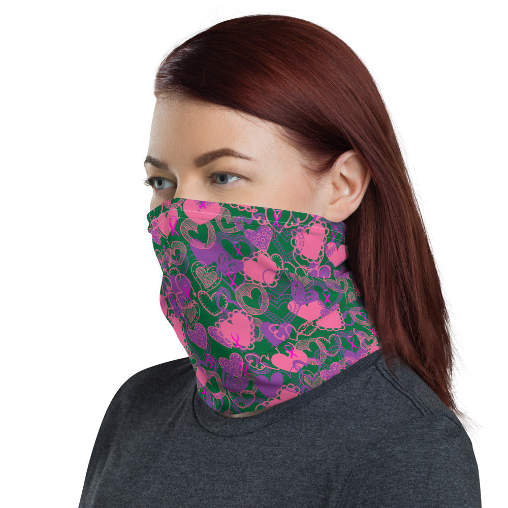 Hearts Breast Cancer Ribbon Dark Green - Neck Gaiter
