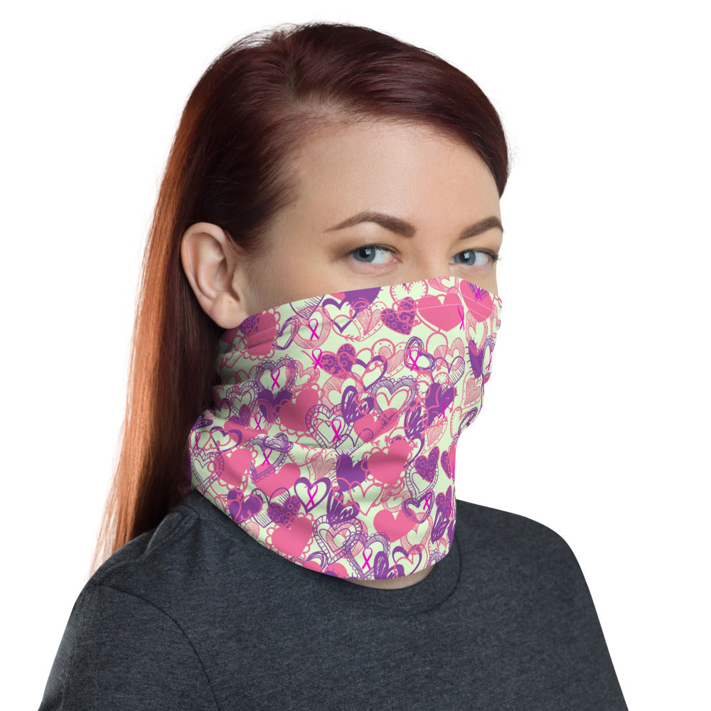 Hearts Breast Cancer Ribbon Pale Green - Neck Gaiter
