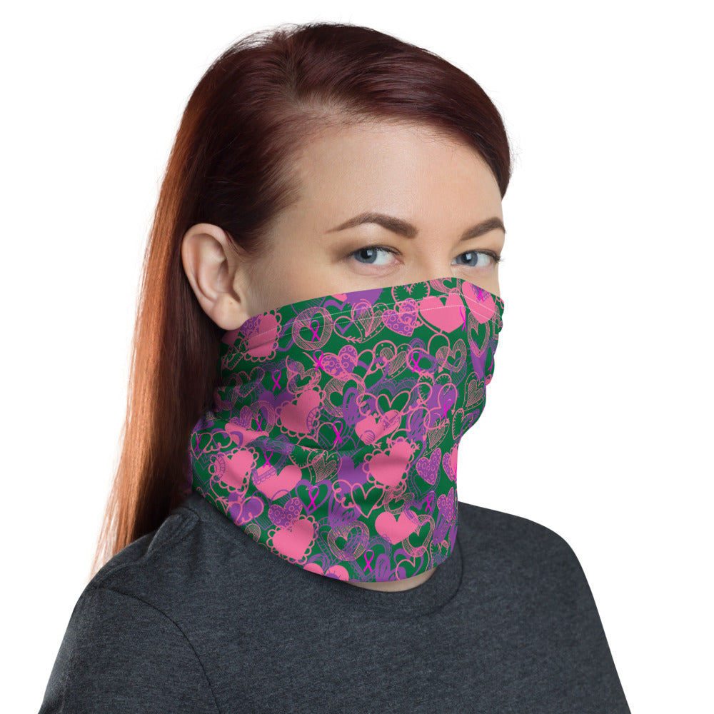Hearts Breast Cancer Ribbon Dark Green - Neck Gaiter