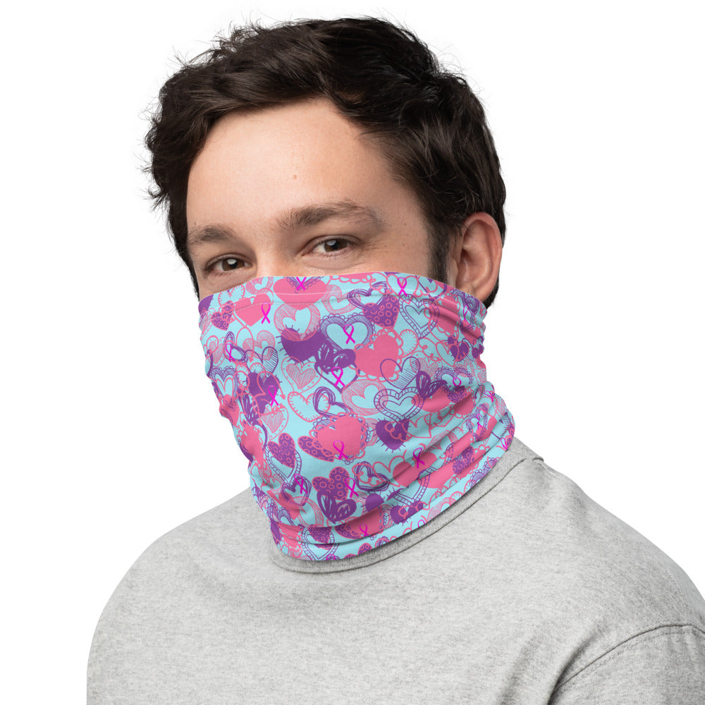 Hearts Breast Cancer Ribbon Light Blue - Neck Gaiter
