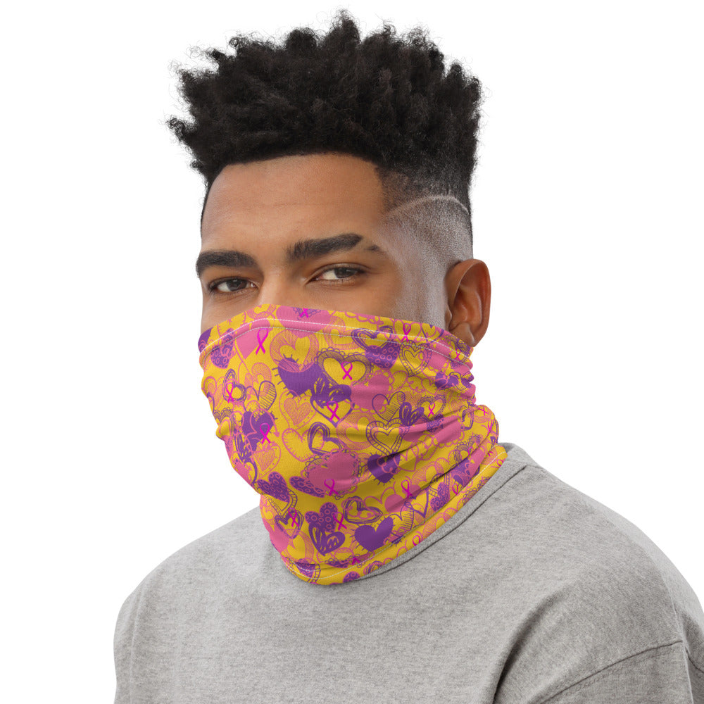 Hearts Breast Cancer Ribbon Mustard Yellow - Neck Gaiter