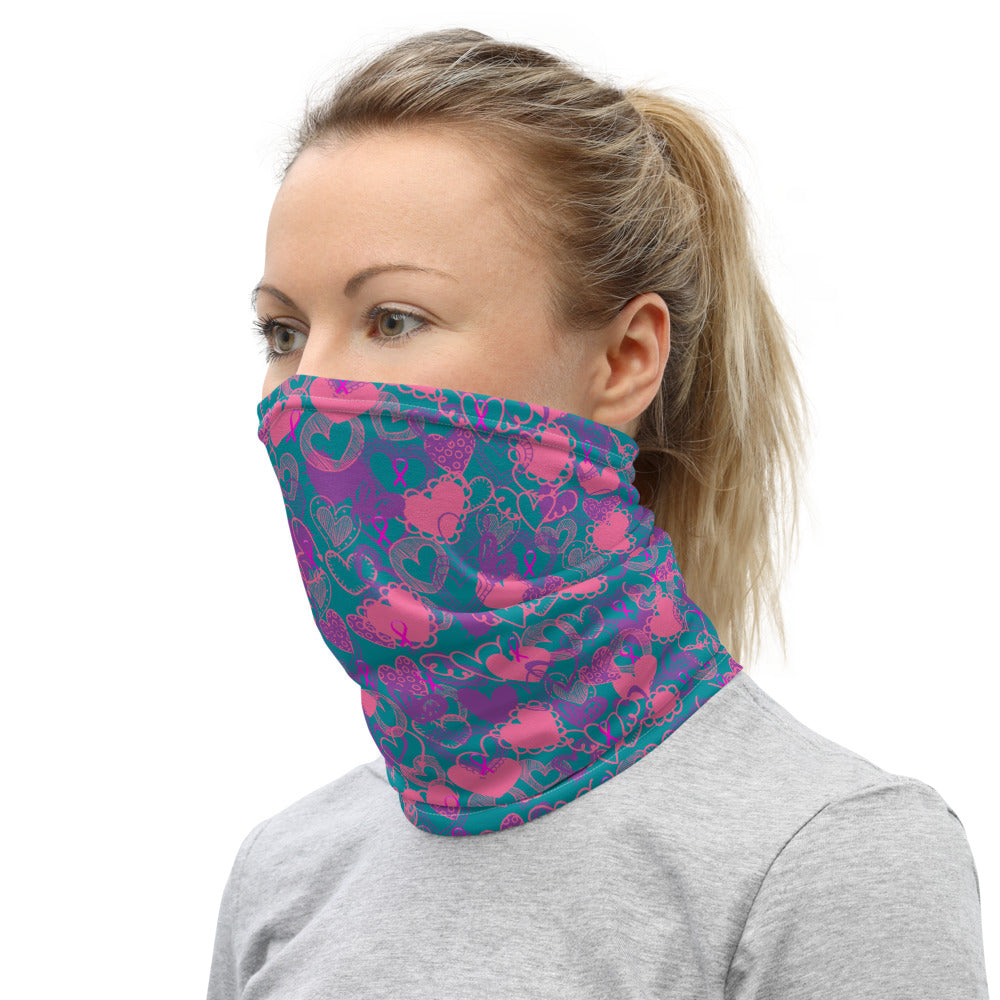 Hearts Breast Cancer Ribbon Bright Blue - Neck Gaiter