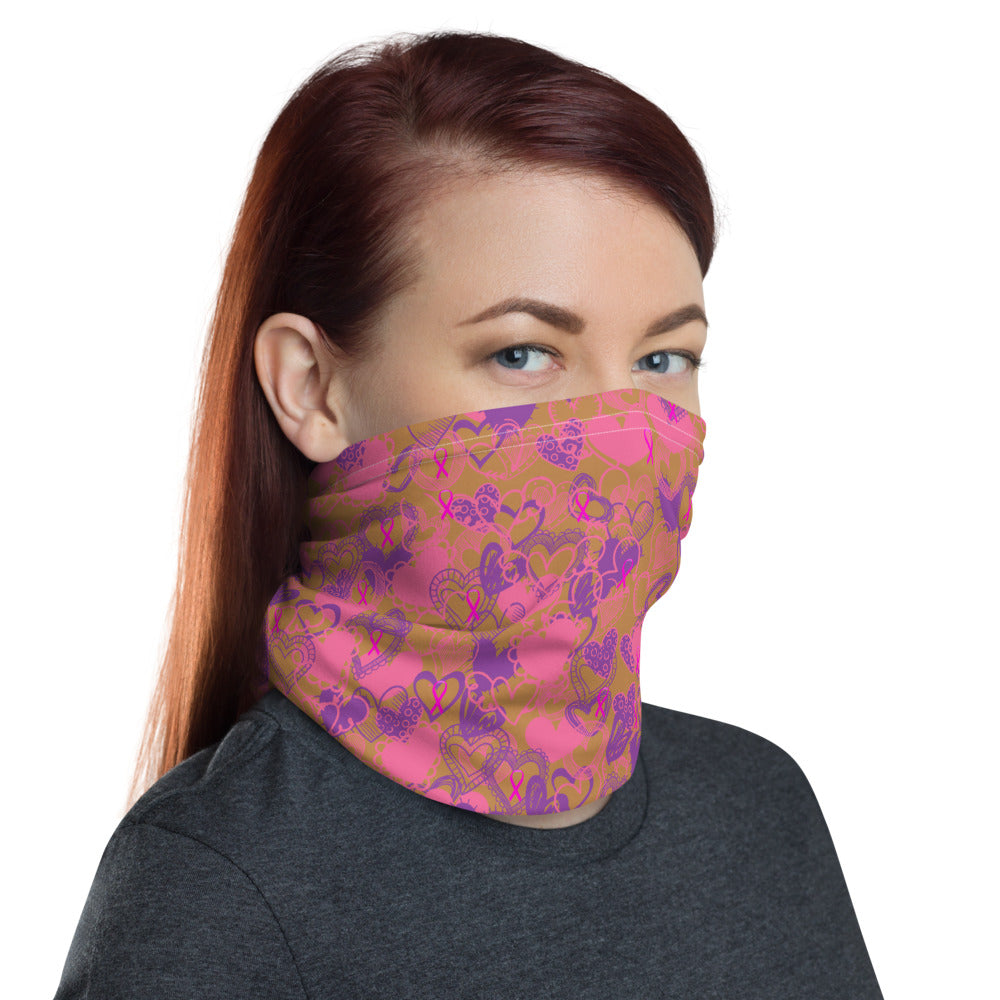 Hearts Breast Cancer Ribbon Dark Nude - Neck Gaiter