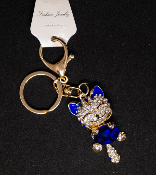 Rhinestone Cat Keyring Blue