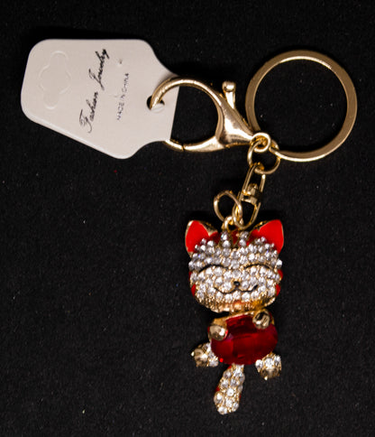 Rhinestone Cat Keyring Red
