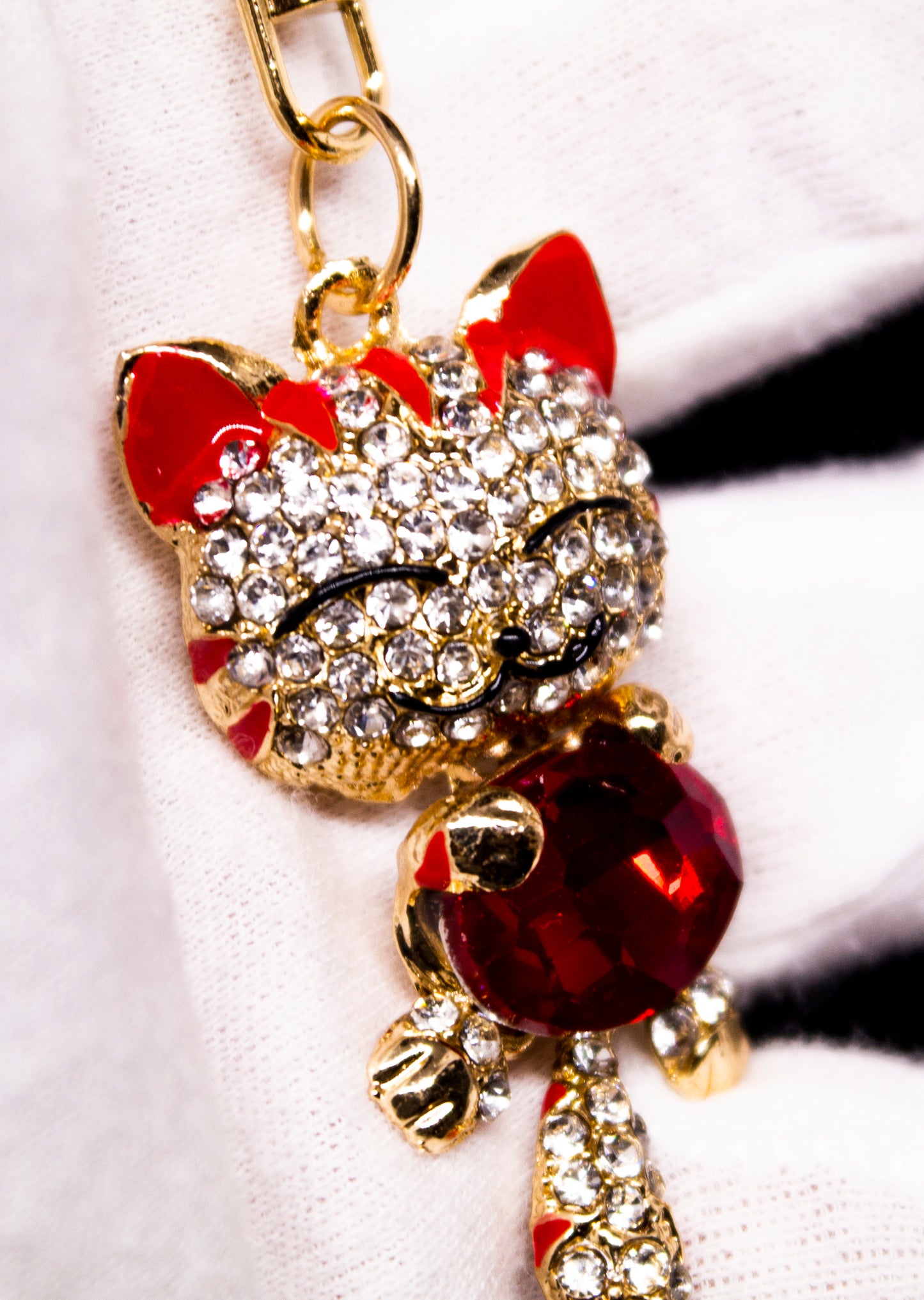 Rhinestone Cat Keyring Red