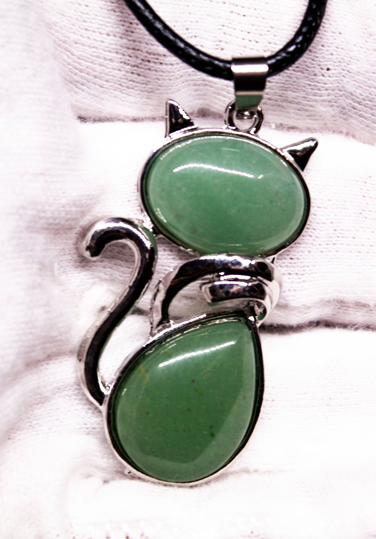 Stone Cat Necklace in metal setting Aventurine Green