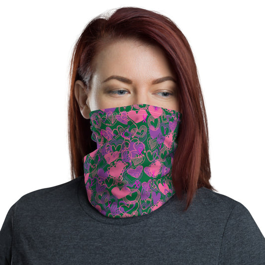 Hearts Breast Cancer Ribbon Dark Green - Neck Gaiter
