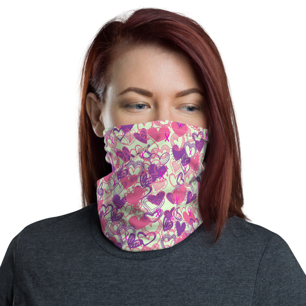 Hearts Breast Cancer Ribbon Pale Green - Neck Gaiter