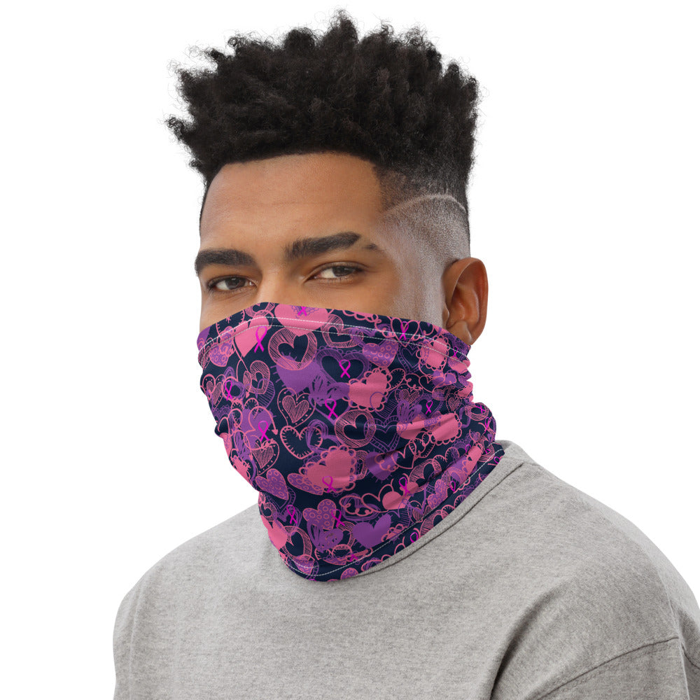 Hearts Breast Cancer Ribbon Navy - Neck Gaiter