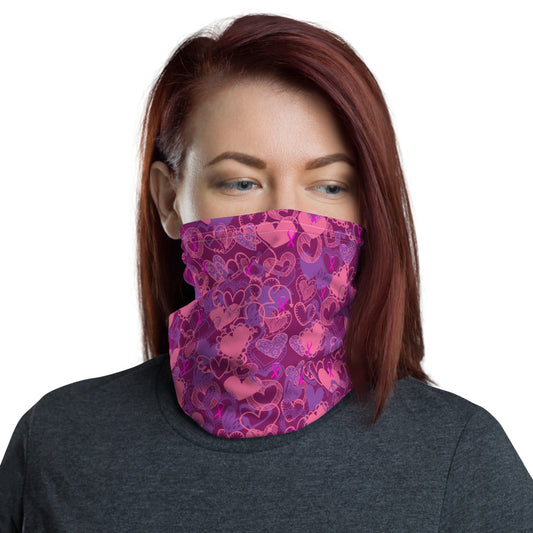 Hearts Breast Cancer Ribbon Purple - Neck Gaiter
